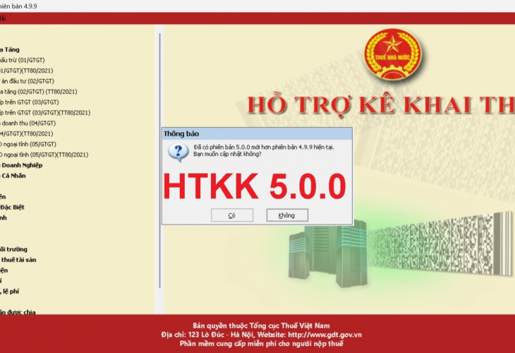 Thông báo nâng cấp ứng dụng Hỗ trợ kê khai (HTKK) phiên bản 5.0.0